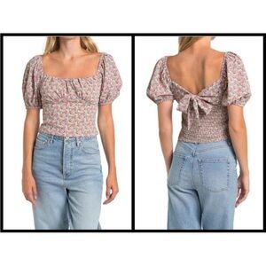 Astr Floral Puff Sleeve Square Neck Tie-Back Top in Pink and White size large